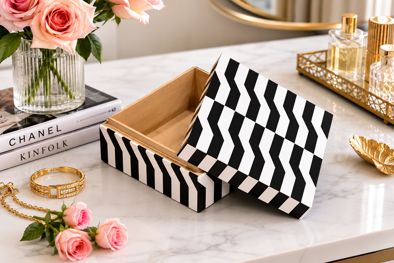 Luxury black and white bone inlay jewelry box on modern marble vanity table