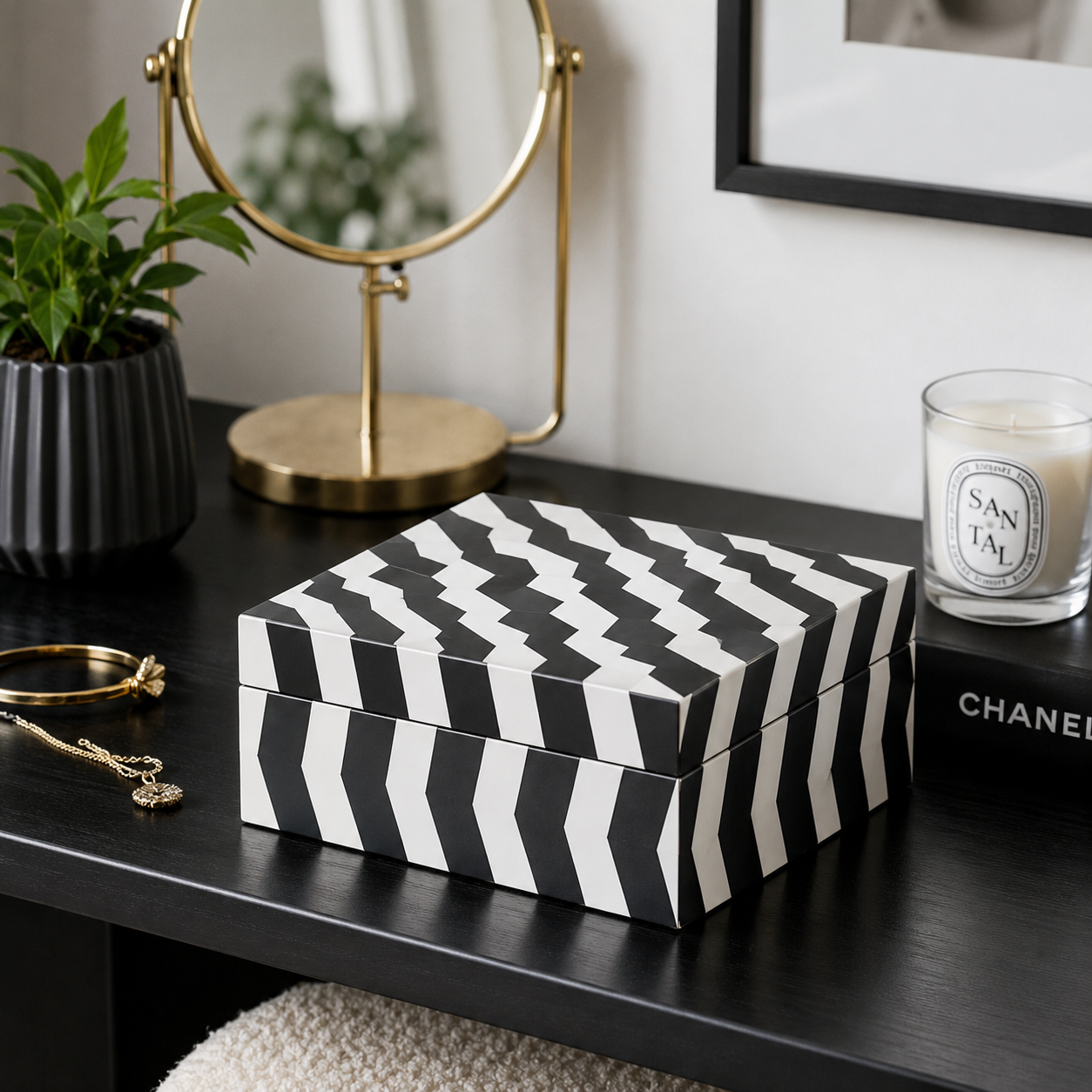 Handmade black bone inlay jewelry box with geometric chevron pattern