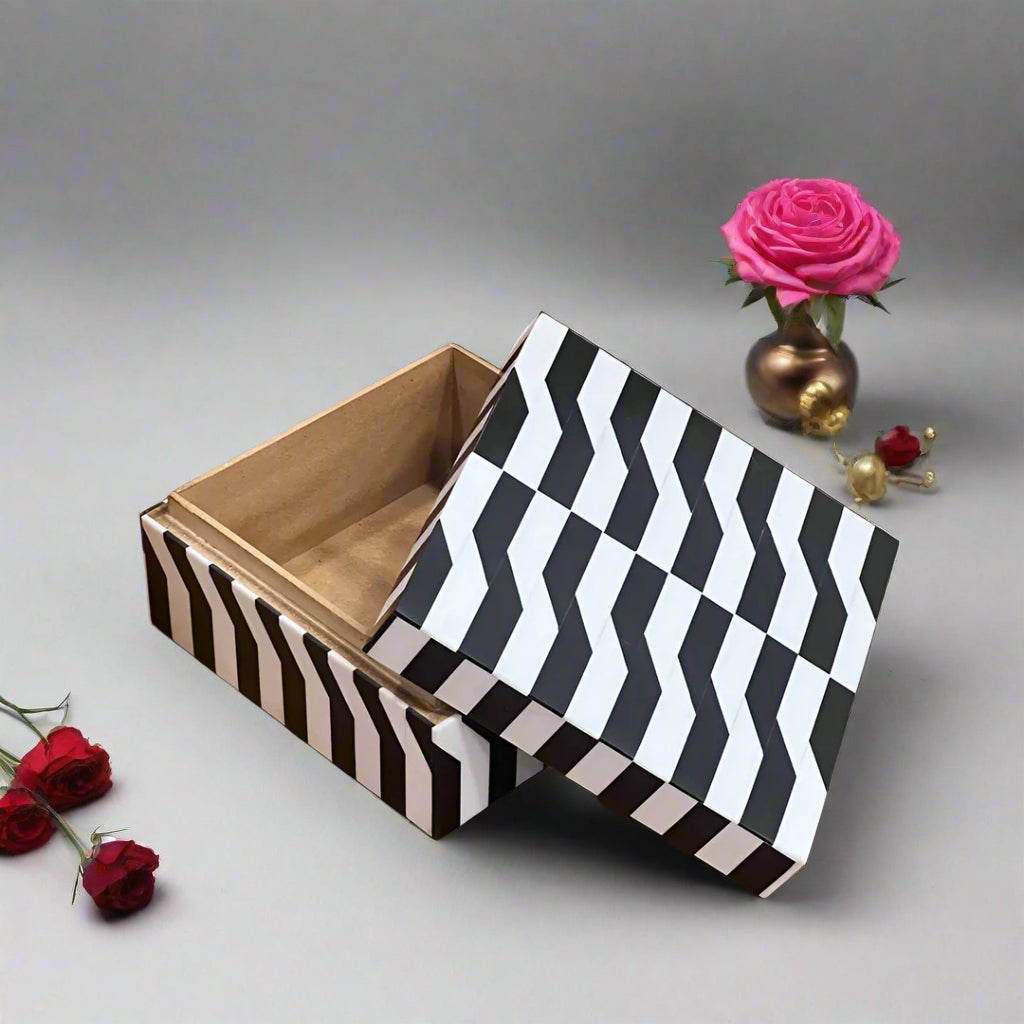 Modern bone inlay keepsake box styled with luxury home décor accessories