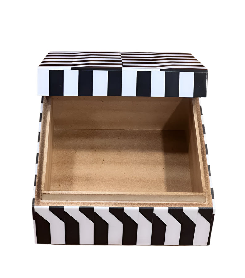 Custom black and white bone inlay storage box in contemporary interior setting