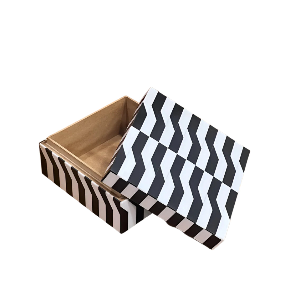 Artisan handcrafted bone inlay jewelry box with geometric design