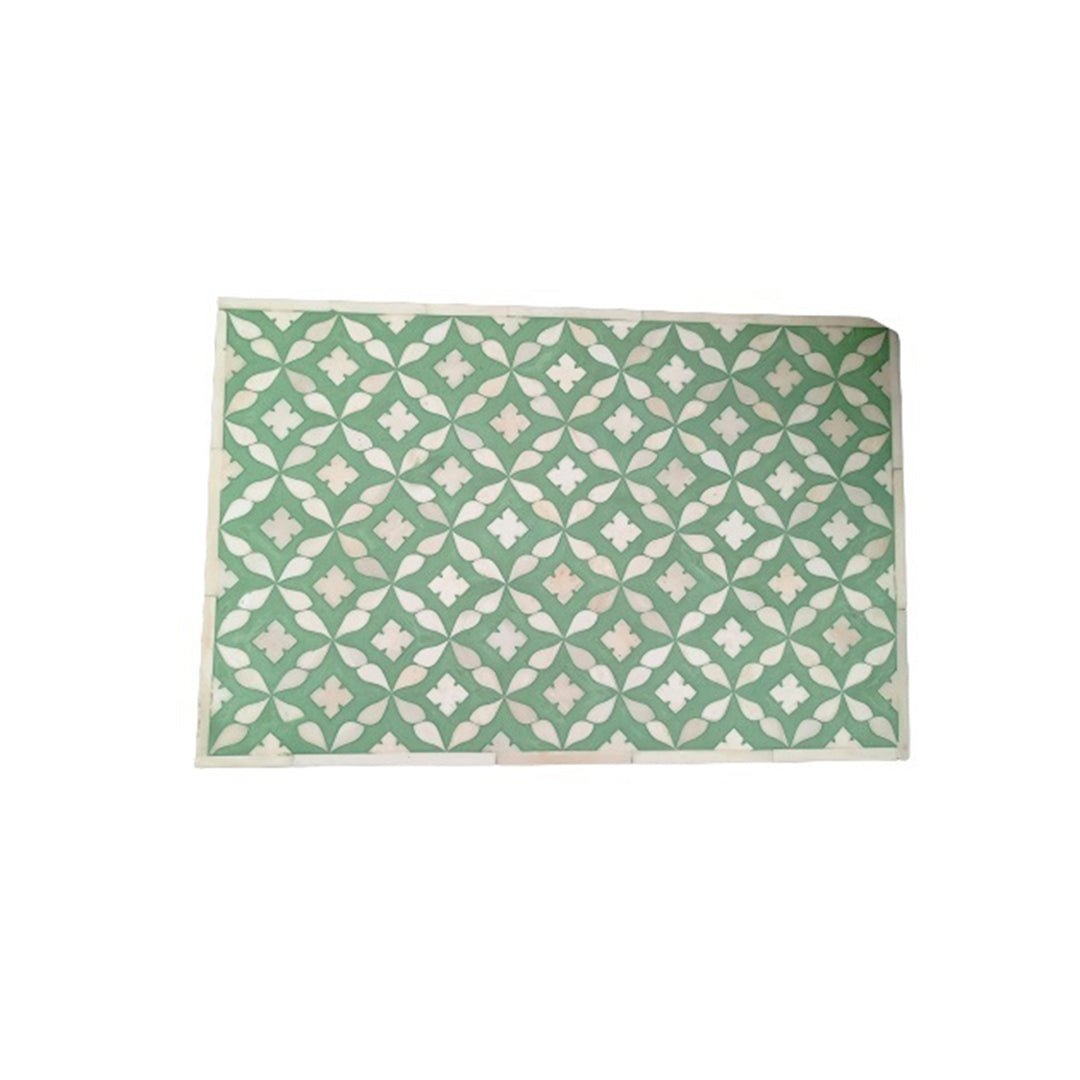 Teal Moroccan bone inlay jewelry box on a modern vanity.
