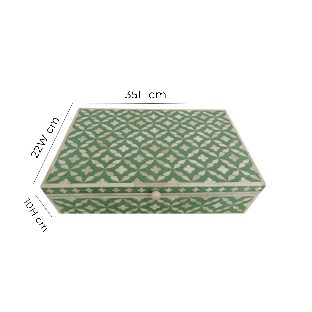 Luxury handmade teal bone inlay jewelry box featuring a Moroccan geometric design in a contemporary lifestyle setting