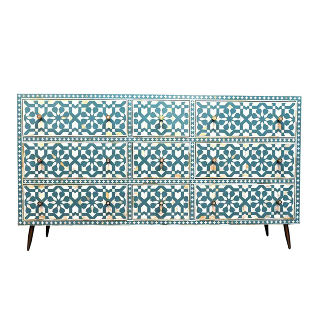 Bone Inlay Chest Of 9 Drawers, Moroccan Pattern In Blue