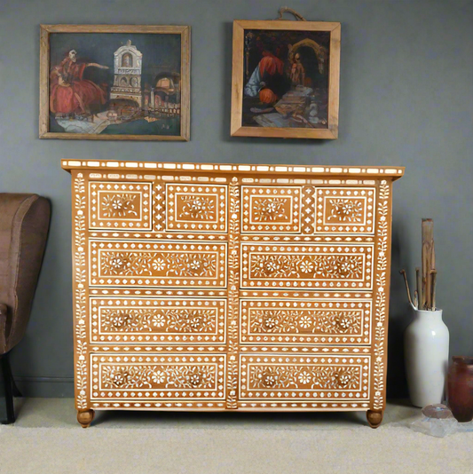 Handcrafted Antique Bone Inlay Chest of 10 Drawers