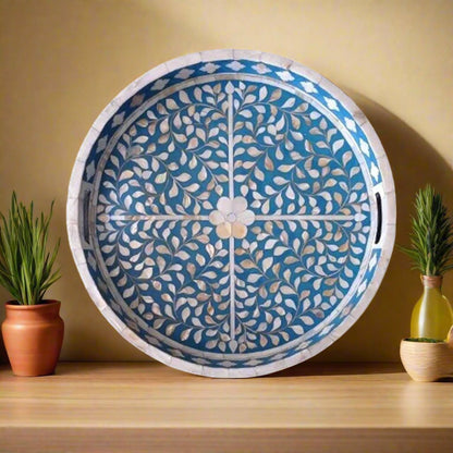 Handcrafted blue mother of pearl round tray with floral inlay pattern