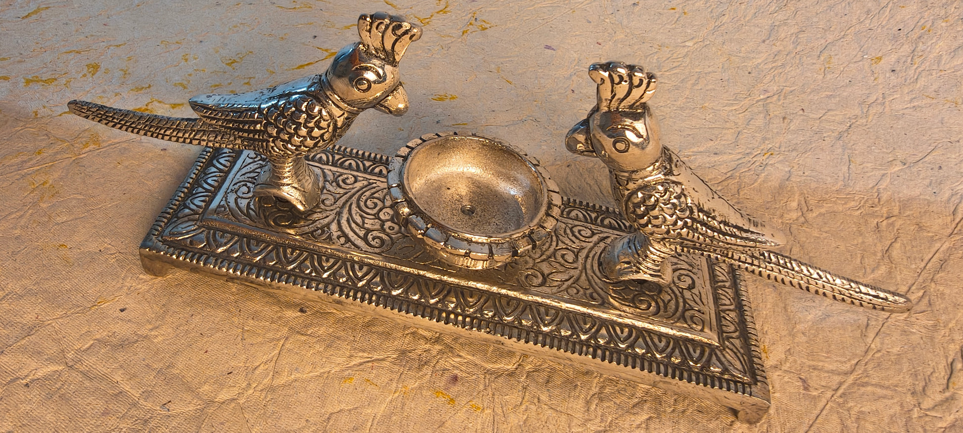 Elegant Silver Tone Peacock Candle Stand with Center Tealight Holder 