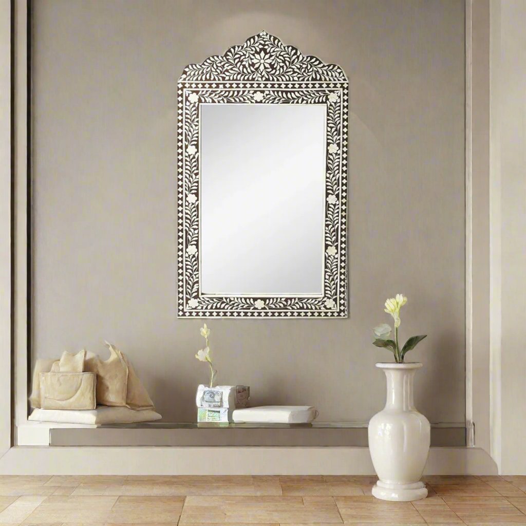 Luxury Handmade Bone Inlay Rectangular Mirror Frame in Modern Living Room