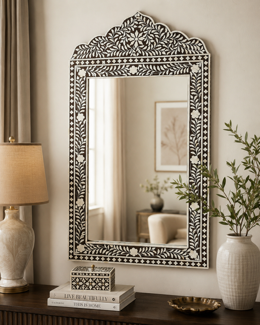 Luxury Handmade Bone Inlay Rectangular Mirror Frame with Floral Inlay in Modern Home Interior