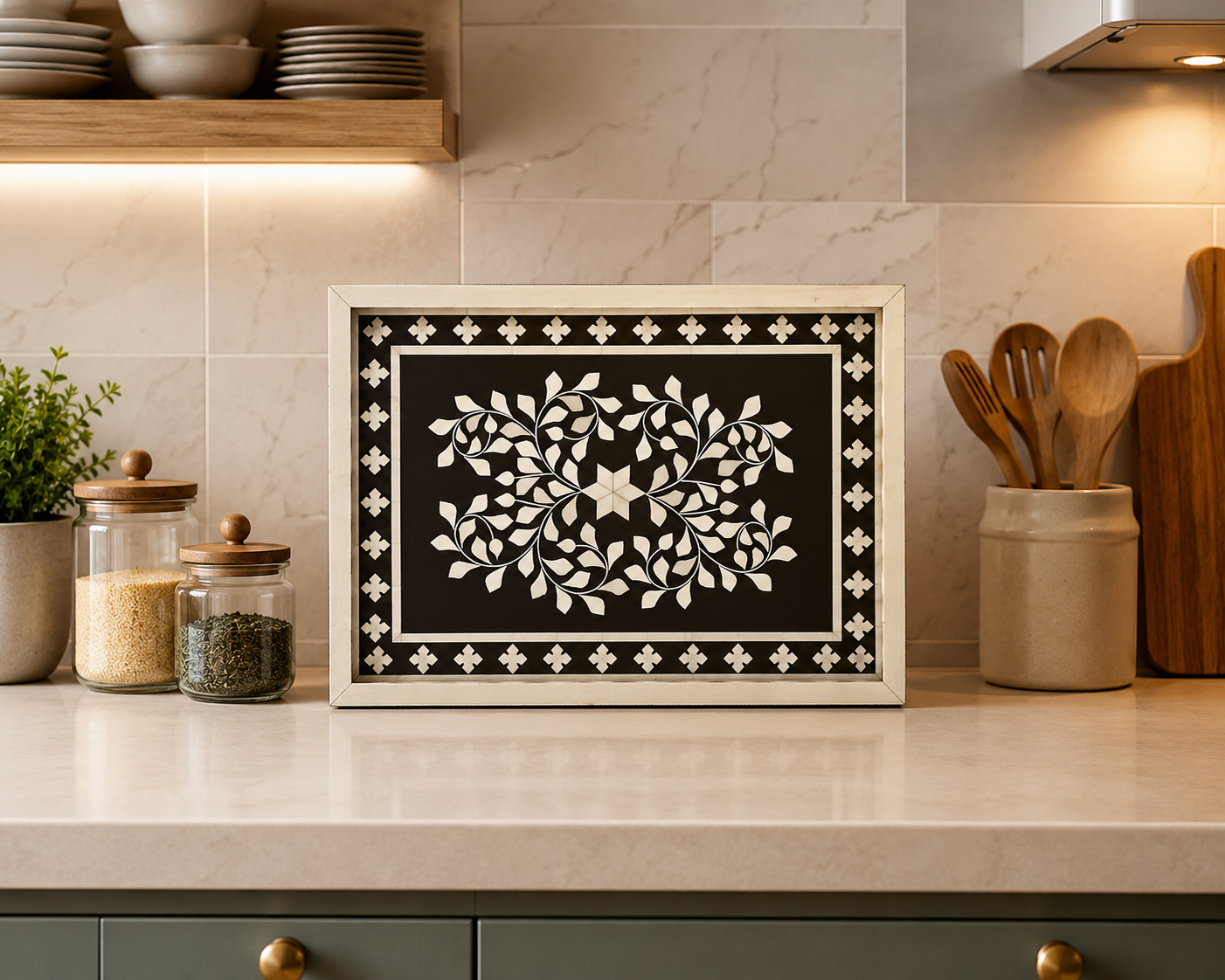 Handmade Customized  Rectangular Shape Bone Inlay Serving Tray