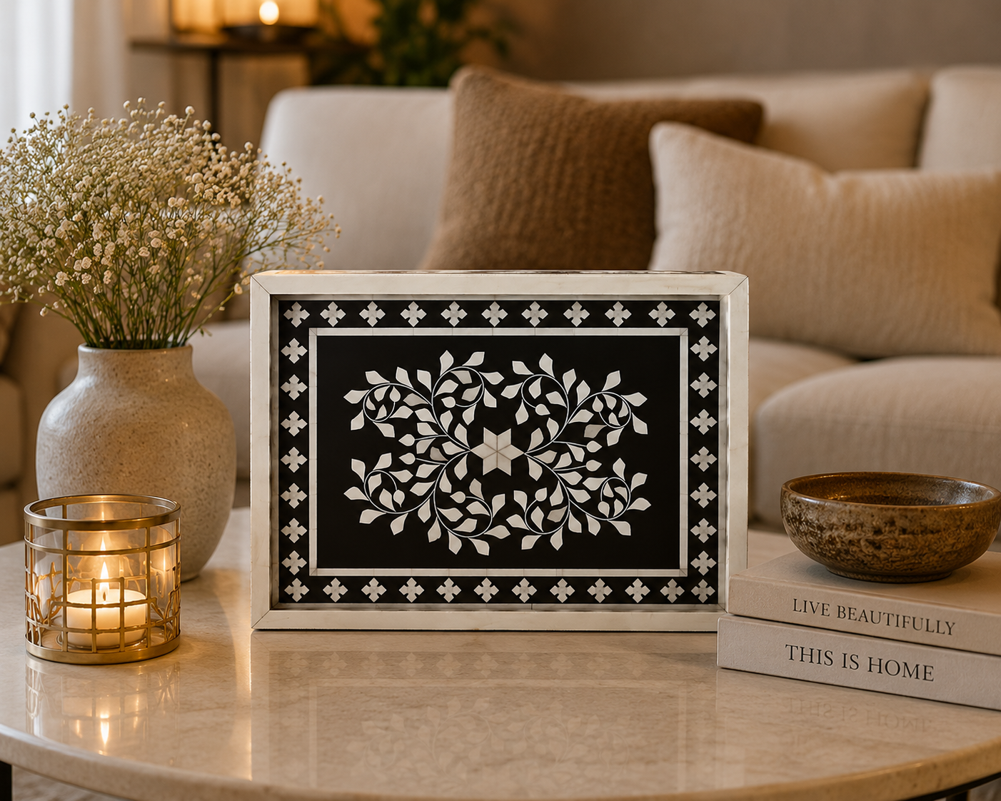 Handmade Customized  Rectangular Shape Bone Inlay Serving Tray