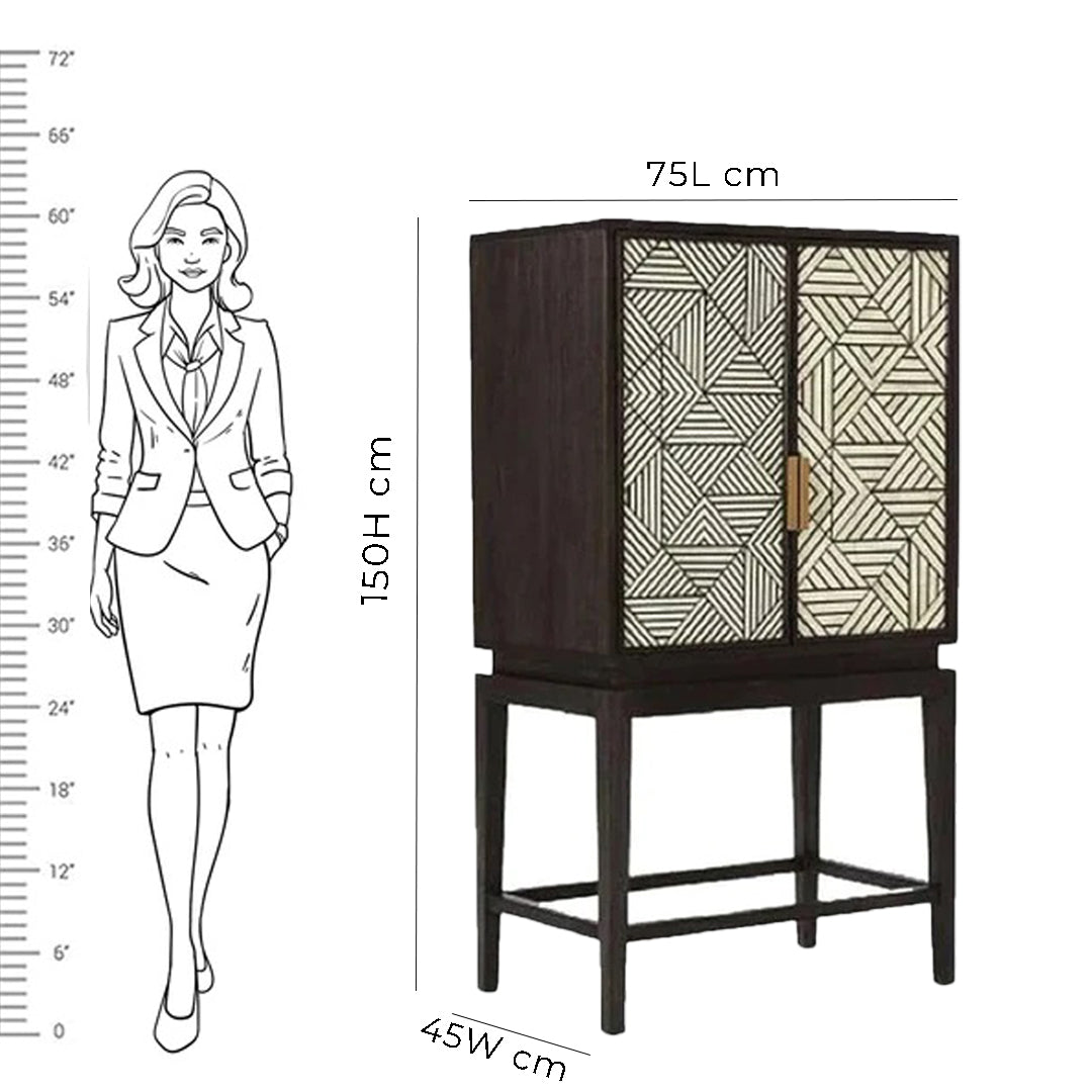 Handmade Black & White Geometric Pattern Bone Inlay Bar Cabinet