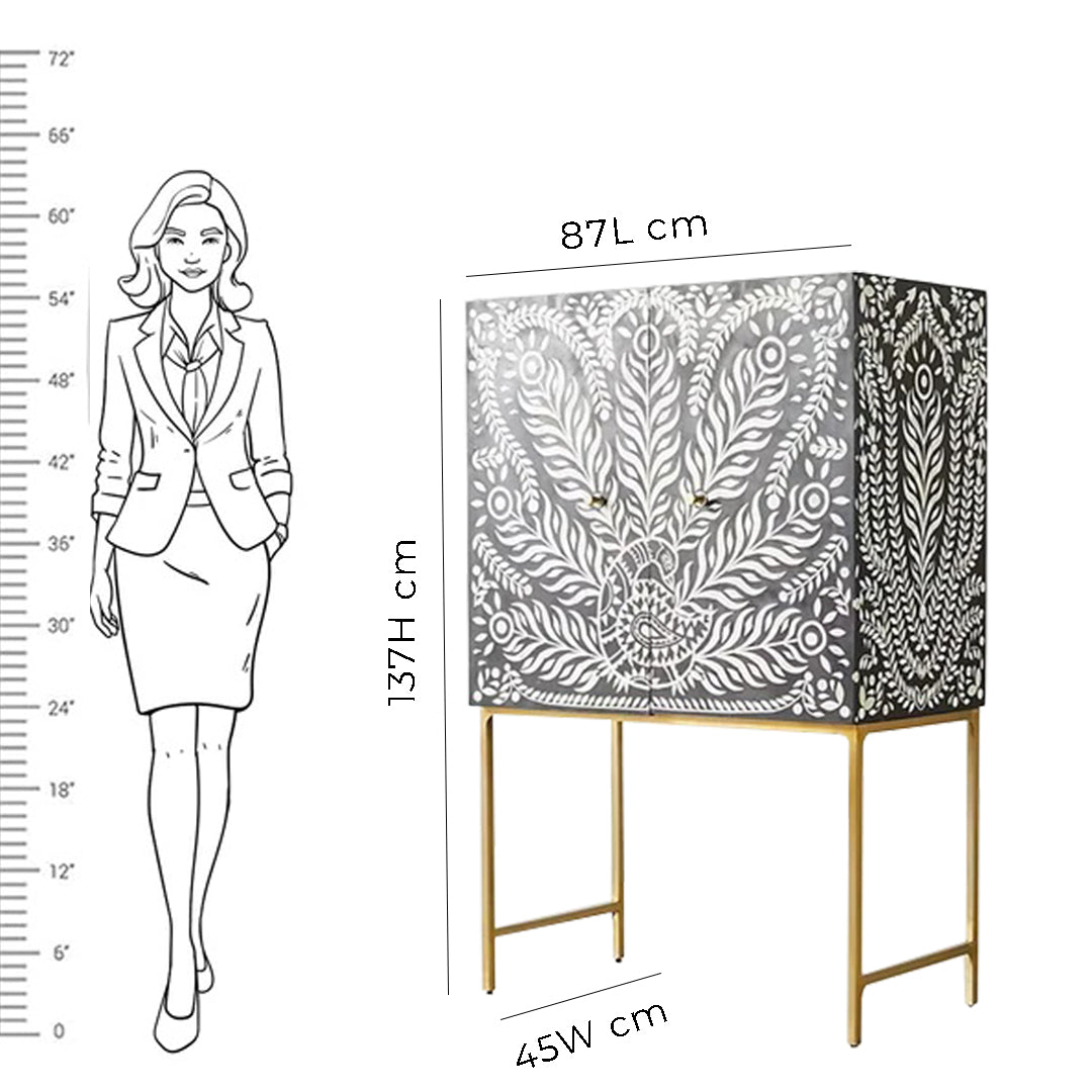 Customized Handmade Bone Inlay Peacock Pattern Bar Cabinet