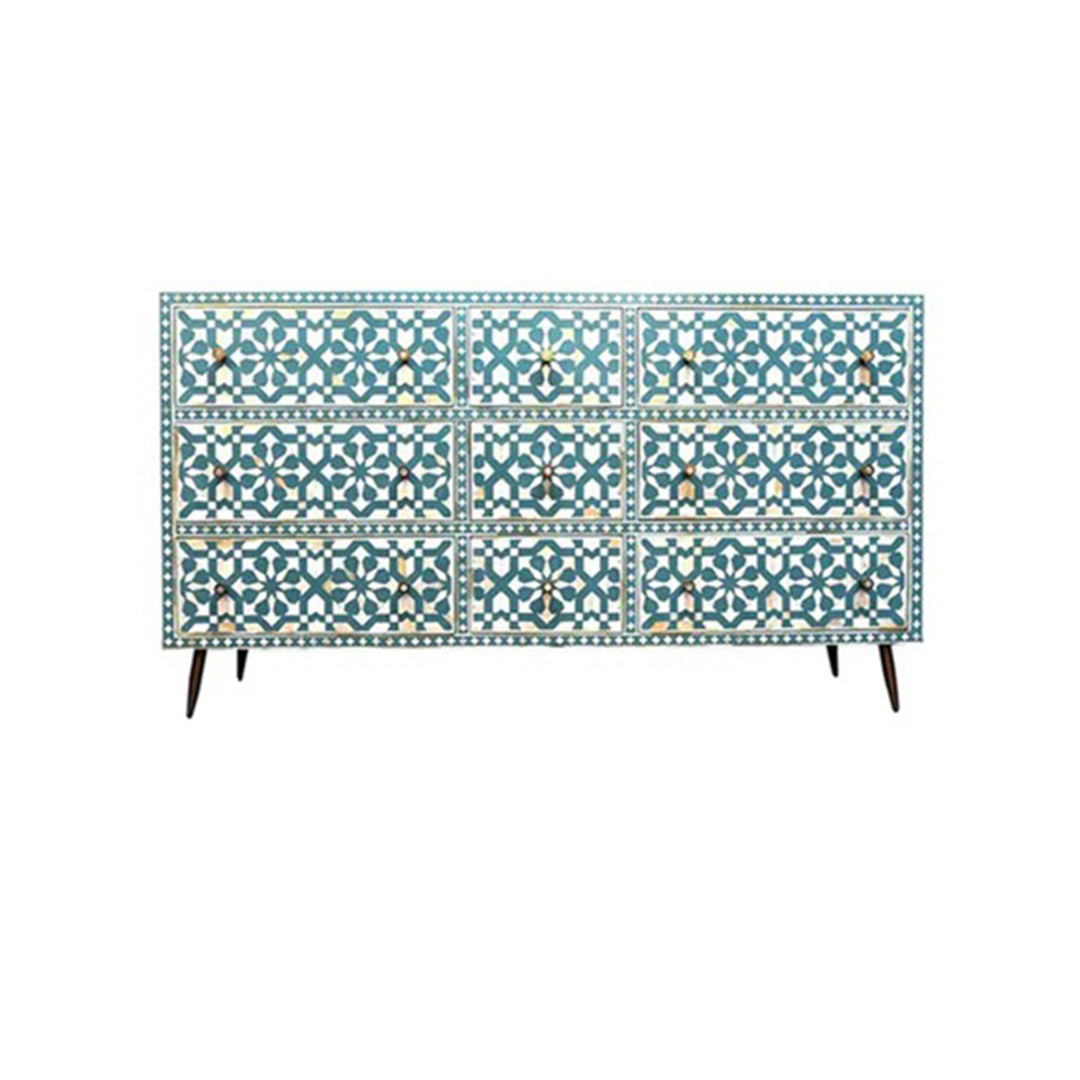Bone Inlay Chest Of 9 Drawers, Moroccan Pattern In Blue