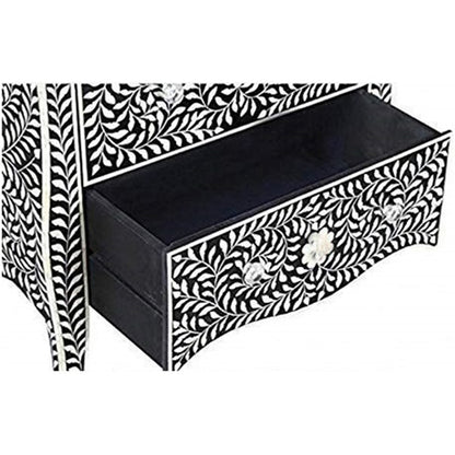 Floral Pattern Bone Inlay Bedside - Black