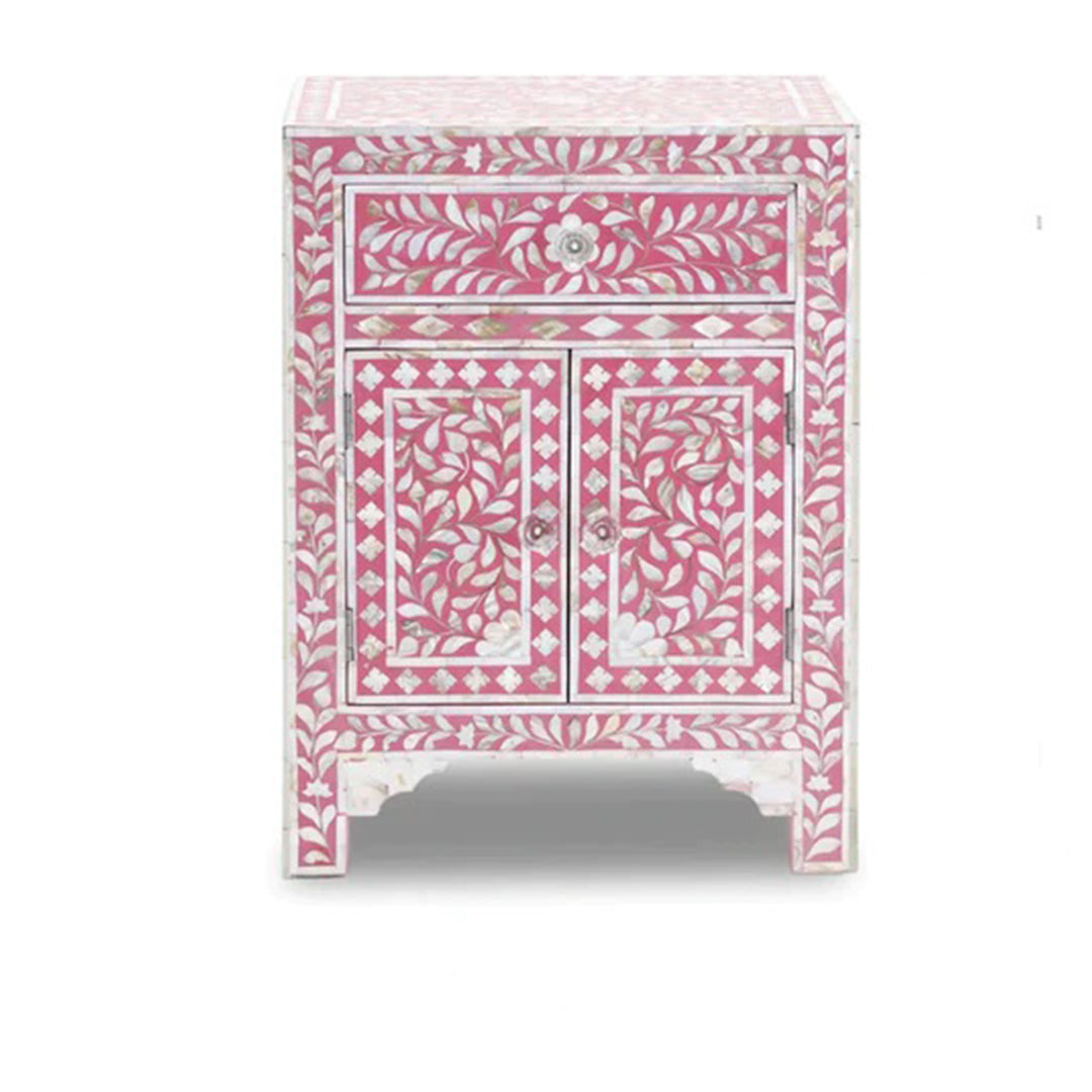 HANDMADE FLORAL PATTERN PINK BONE INLAY FLORAL PATTERN BEDSIDE TABLE