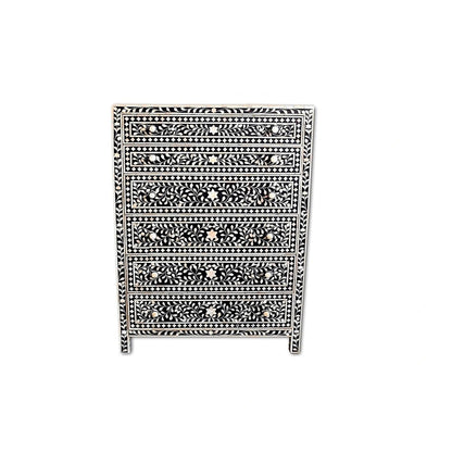 Bone Inlay Chest Of 6 Drawers, Floral Pattern In Black