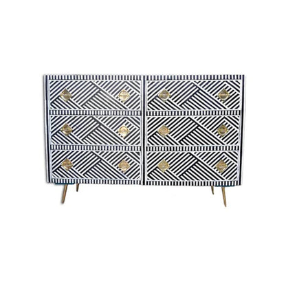 Bone Inlay Chest Of 6 Drawers, Geometric Pattern In Black