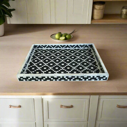 Handcrafted Bone Inlay Serving Tray with Elegant Design for Tea & Coffee Serving.