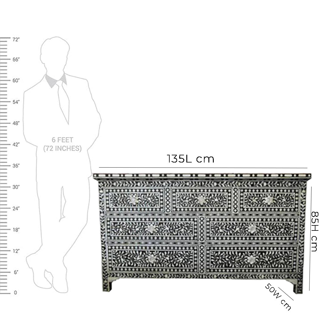 Bone Inlay Chest Of 7 Drawers, Floral Pattern In Black