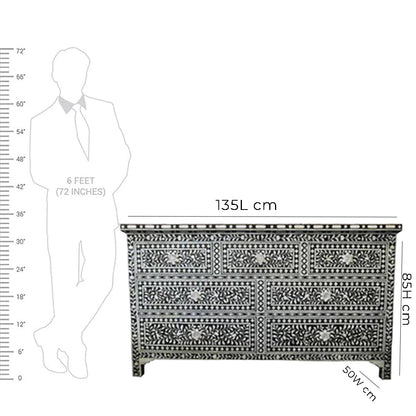 Bone Inlay Chest Of 7 Drawers, Floral Pattern In Black