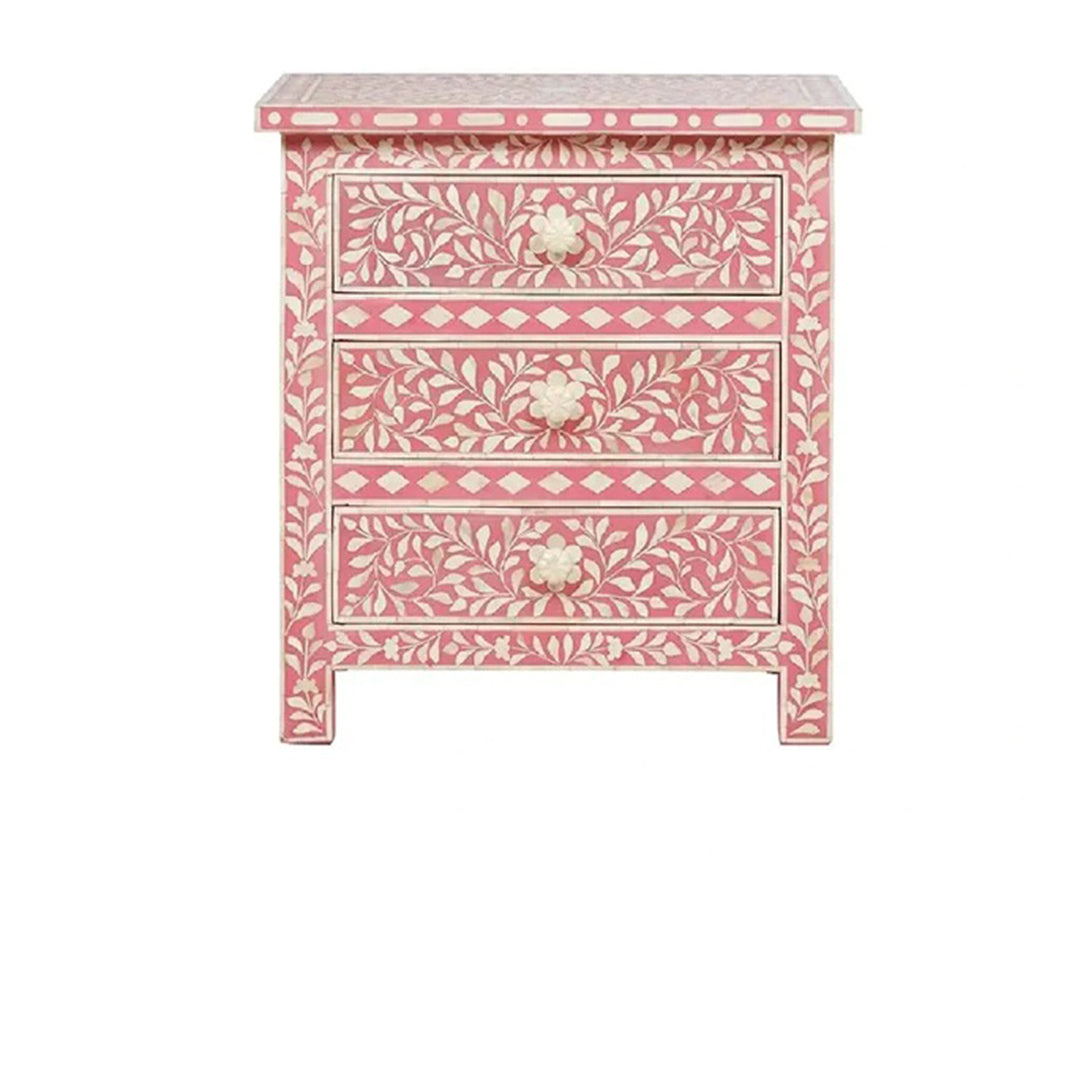 Bone Inlay Floral 3 Drawer Bedside Table - Pink