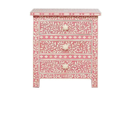 Bone Inlay Floral 3 Drawer Bedside Table - Pink
