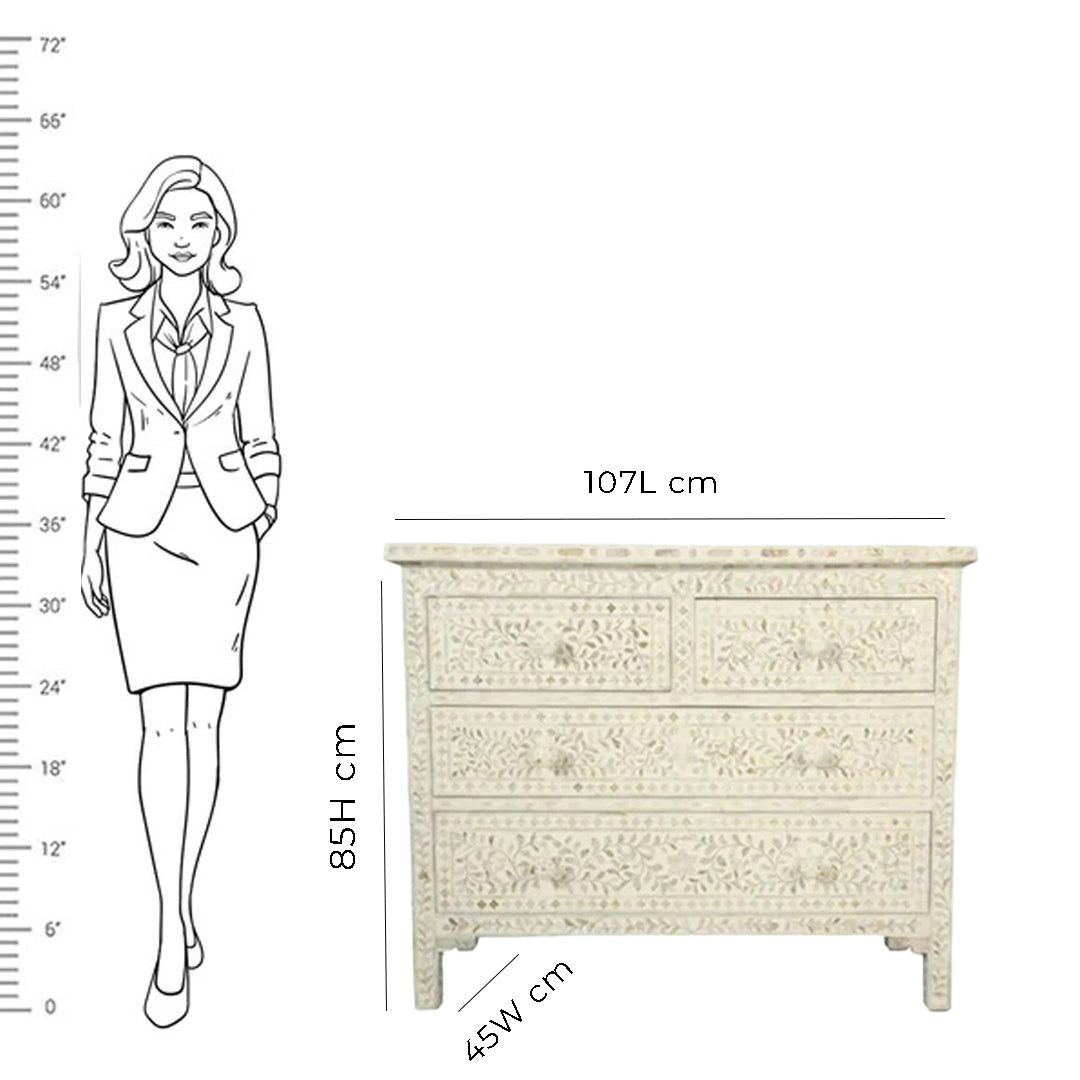Mother Of Pearl Inlay Floral Design Chest of 4 Drawers in White Color