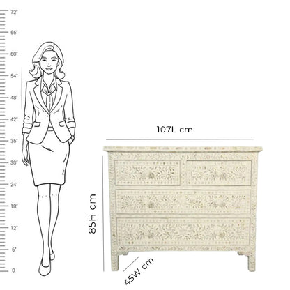 Mother Of Pearl Inlay Floral Design Chest of 4 Drawers in White Color