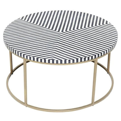 Geometric Black and White Striped Round Bone Inlay Coffee Table