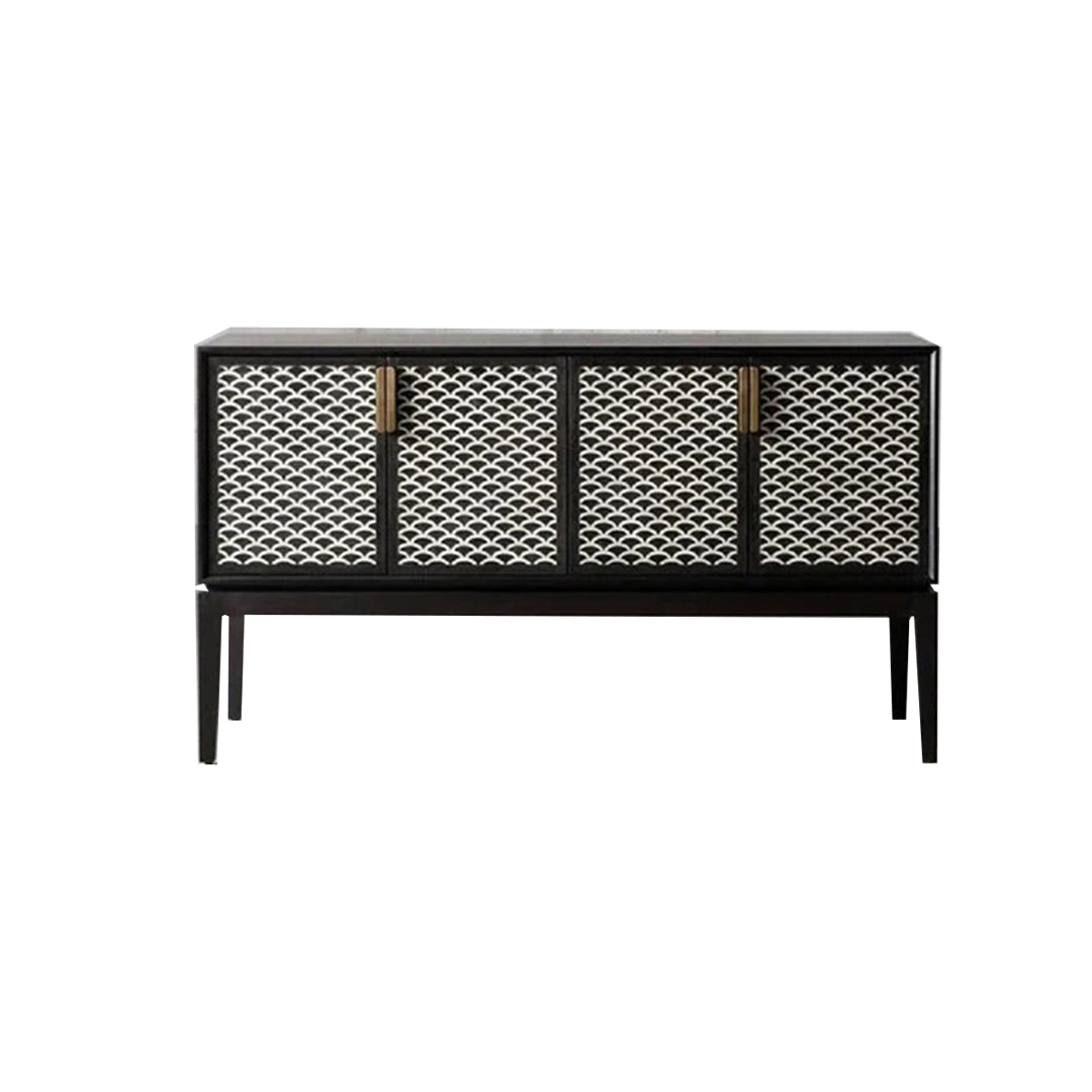 Handmade Black Geometric Fish Scale Pattern Bone Inlay Bar Cabinet