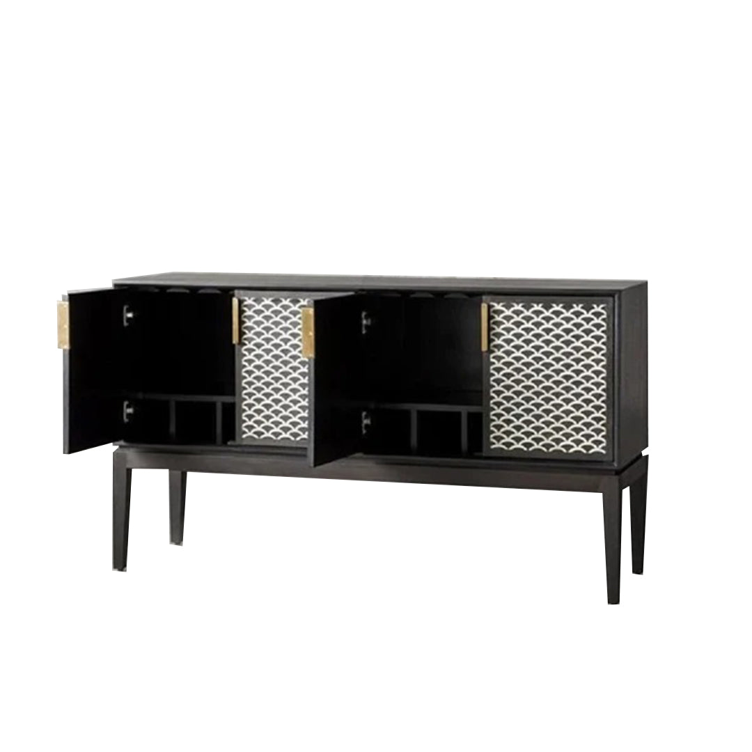Handmade Black Geometric Fish Scale Pattern Bone Inlay Bar Cabinet