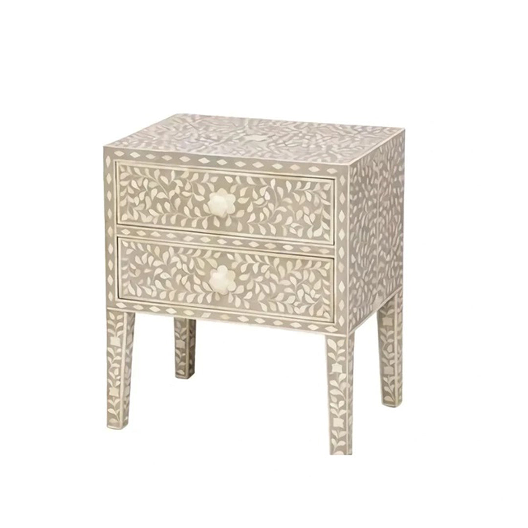 Bone Inlay Floral Pattern Bedside Table - Brown