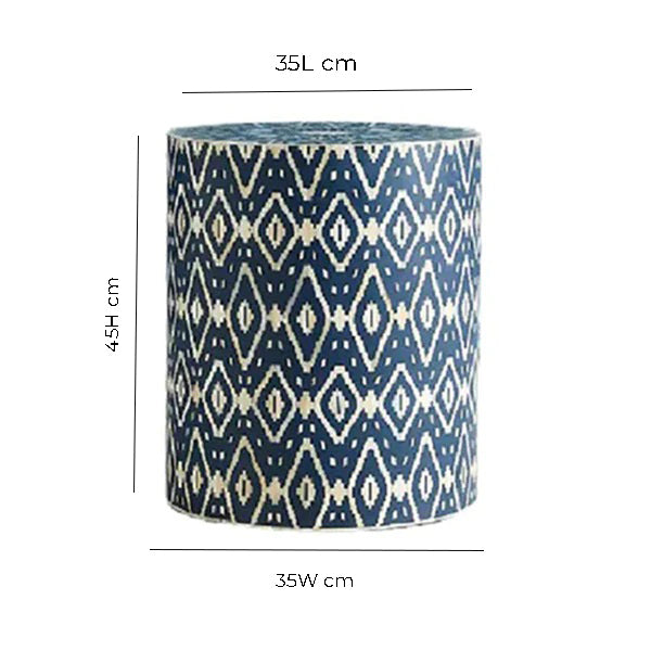 HANDMADE BLUE BONE INLAY ROUND STOOL IN GEOMETRICAL IKKAT PATTERN