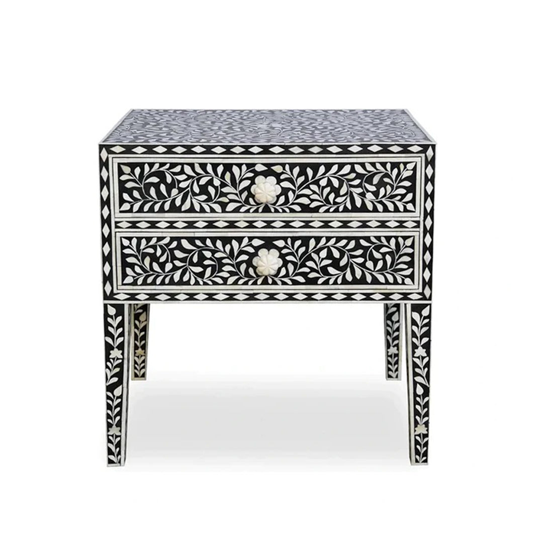 Floral Pattern Bone Inlay Bedside Table - Black