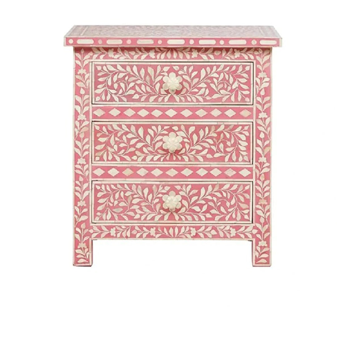 HANDMADE FLORAL PATTERN PINK BONE INLAY FLORAL PATTERN BEDSIDE TABLE