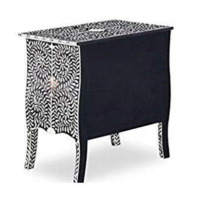 Floral Pattern Bone Inlay Bedside - Black