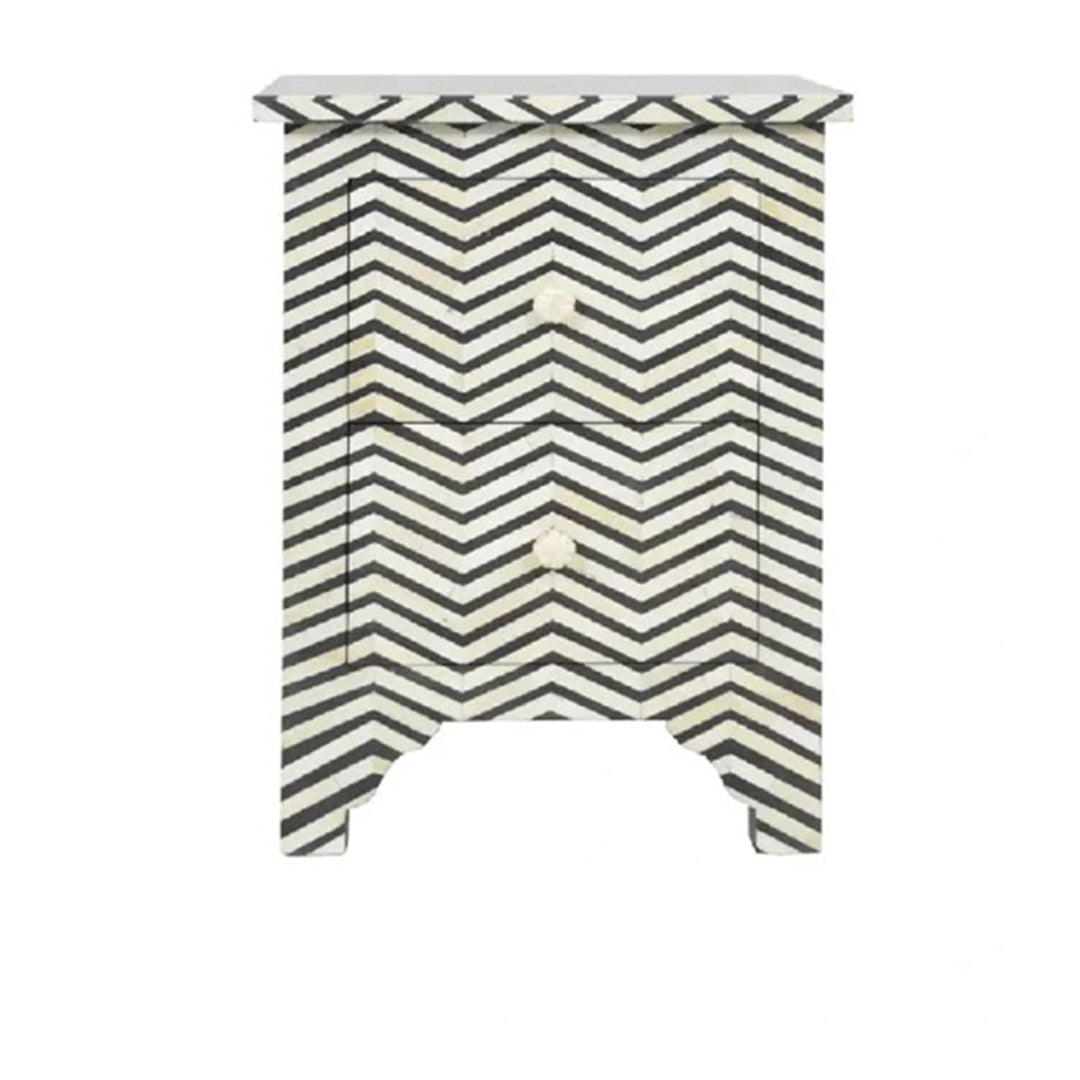 Geometric Chevron Pattern Bone Inlay Bedside Table - Black
