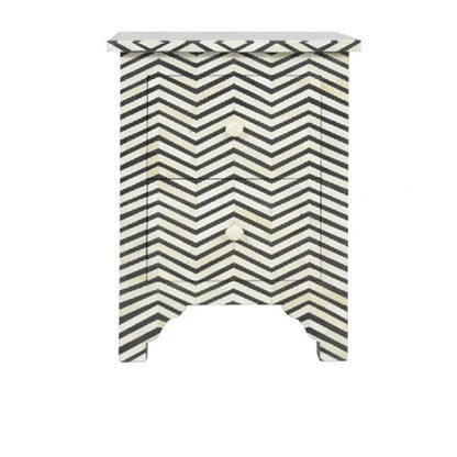 Geometric Chevron Pattern Bone Inlay Bedside Table - Black