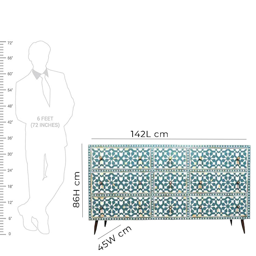 Bone Inlay Chest Of 9 Drawers, Moroccan Pattern In Blue