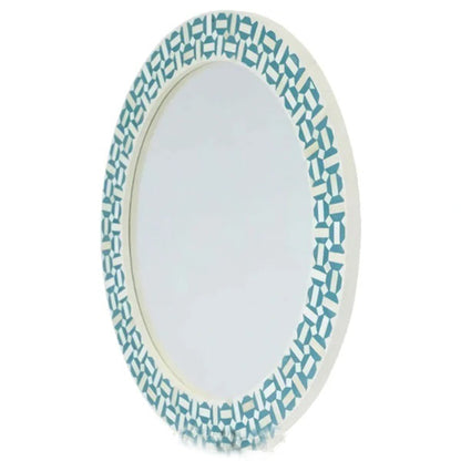Bone Inlay Geometric Blue and White Round Mirror Frames with Complimentary Mirror