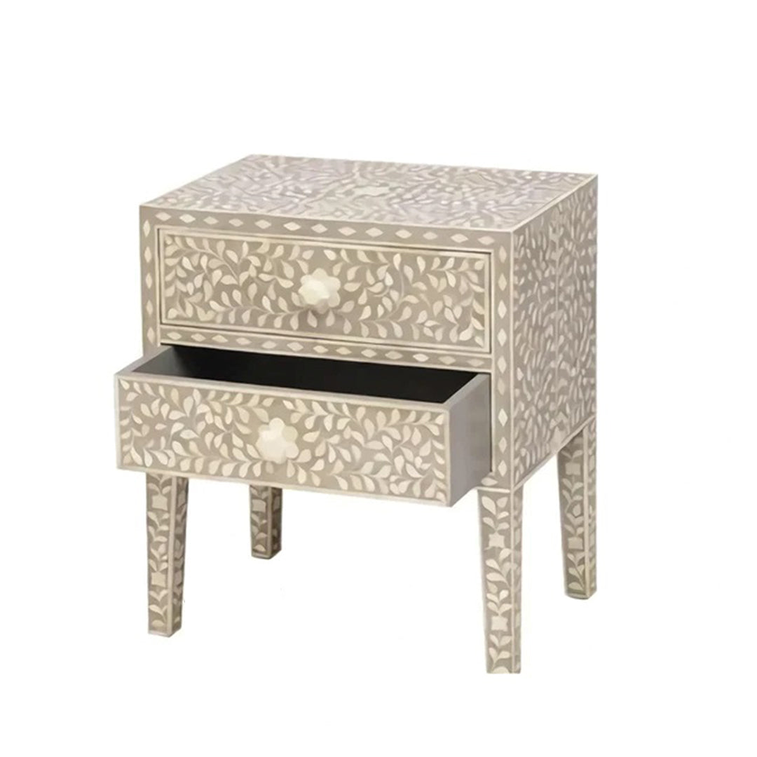 Bone Inlay Floral Pattern Bedside Table - Brown