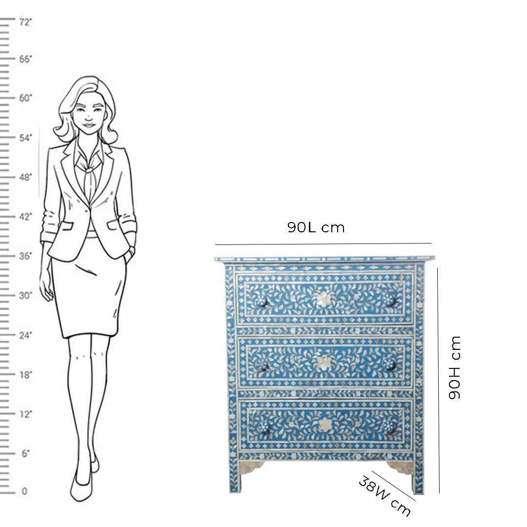 HANDMADE BLUE MOTHER OF PEARL CHEST OF 3 DRAWERS