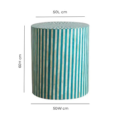 HANDMADE TURQUOISE BLUE BONE INLAY ROUND STOOL IN STRIPE PATTERN
