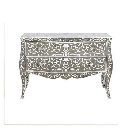 Bone Inlay Chest Of 2 Drawers, Floral Pattern In Black