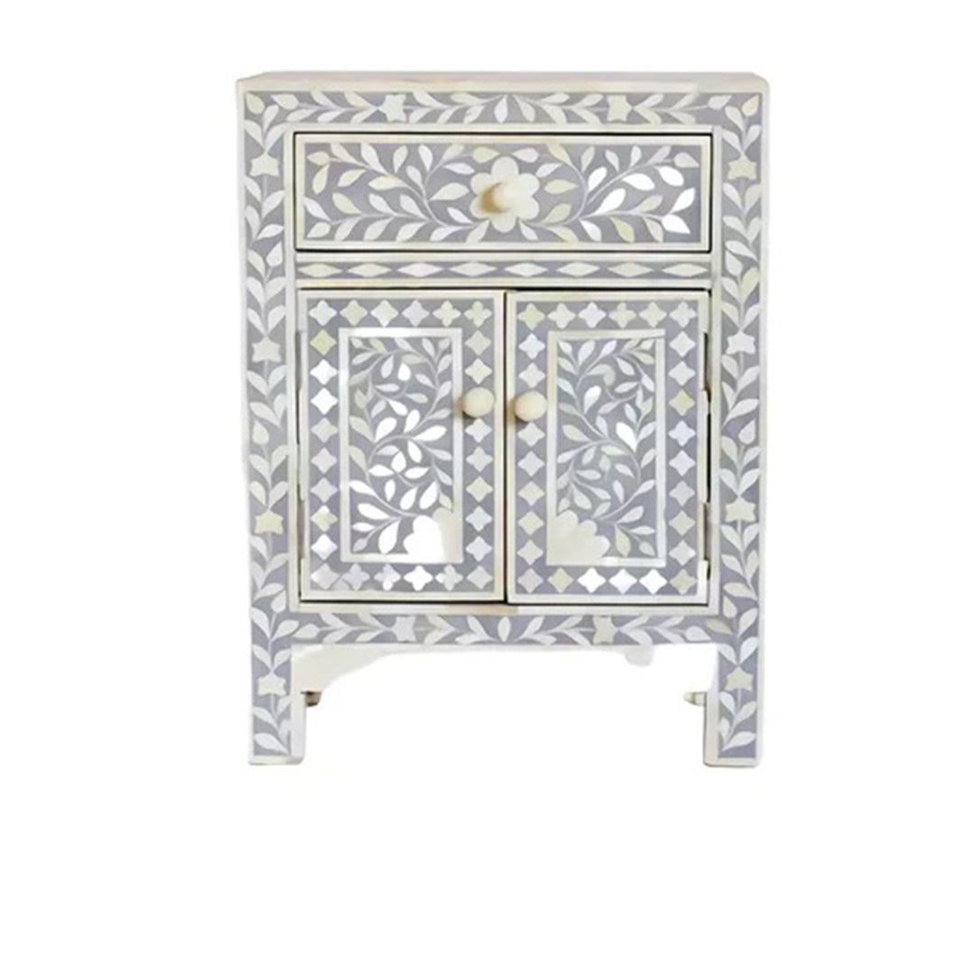 Handmade Floral Pattern Bone Inlay Bedside Table - Grey