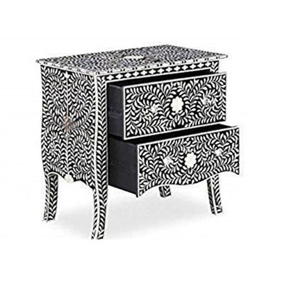 Floral Pattern Bone Inlay Bedside - Black