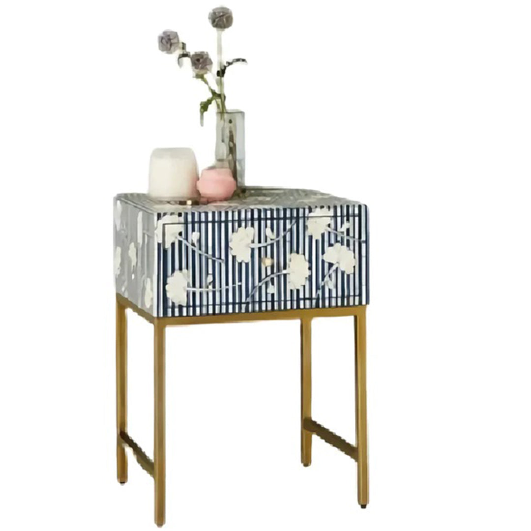 Floral Pattern Bone Inlay Bedside Table - Blue