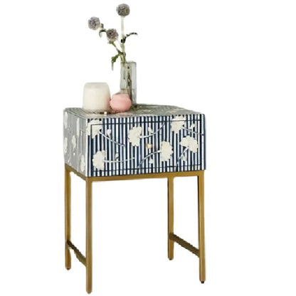 Floral Pattern Bone Inlay Bedside Table - Blue