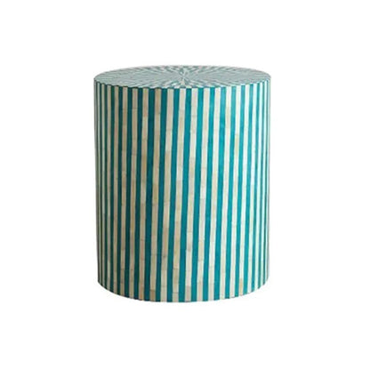 HANDMADE TURQUOISE BLUE BONE INLAY ROUND STOOL IN STRIPE PATTERN